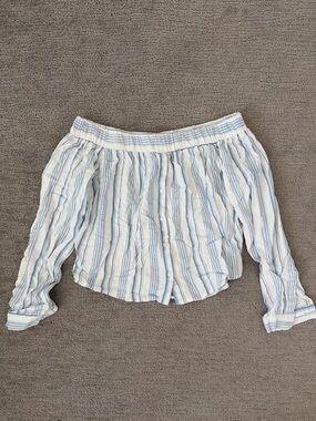 Striped Off-Shoulder Button-Front Top - Light Blue & White size s